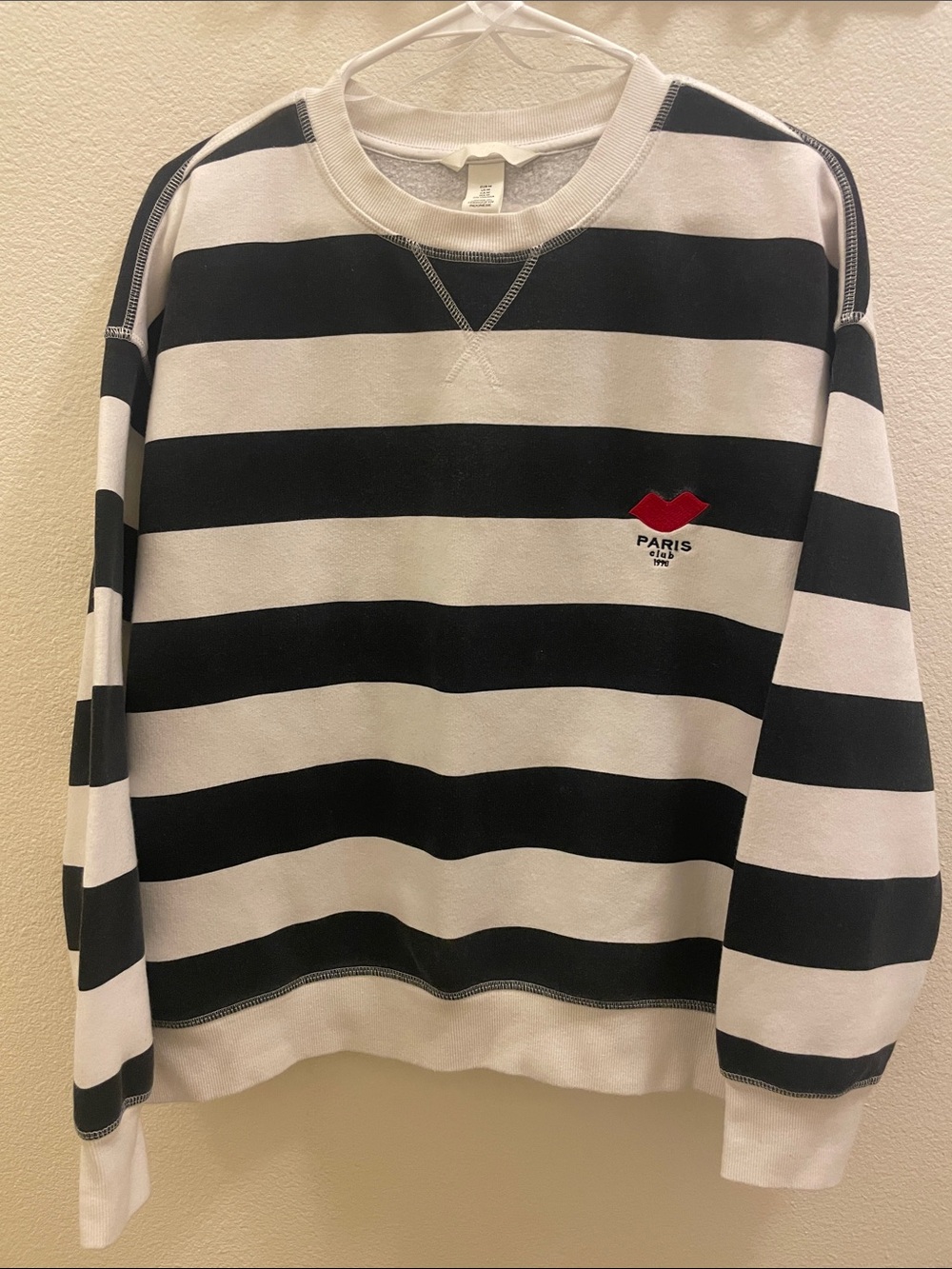 H&M Black & White Striped Crewneck Sweatshirt with Red Heart Accent